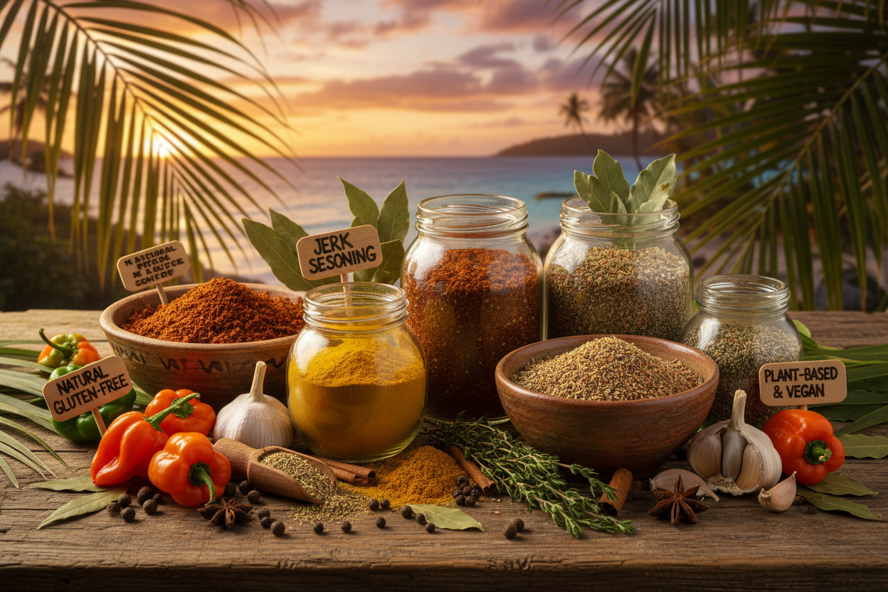 caribbean spices, jerk seasoning, curry powder, dry rub, all-purpose seasoning, authentic flavors, gluten-free, vegan spices, grilling seasonings, island cooking

