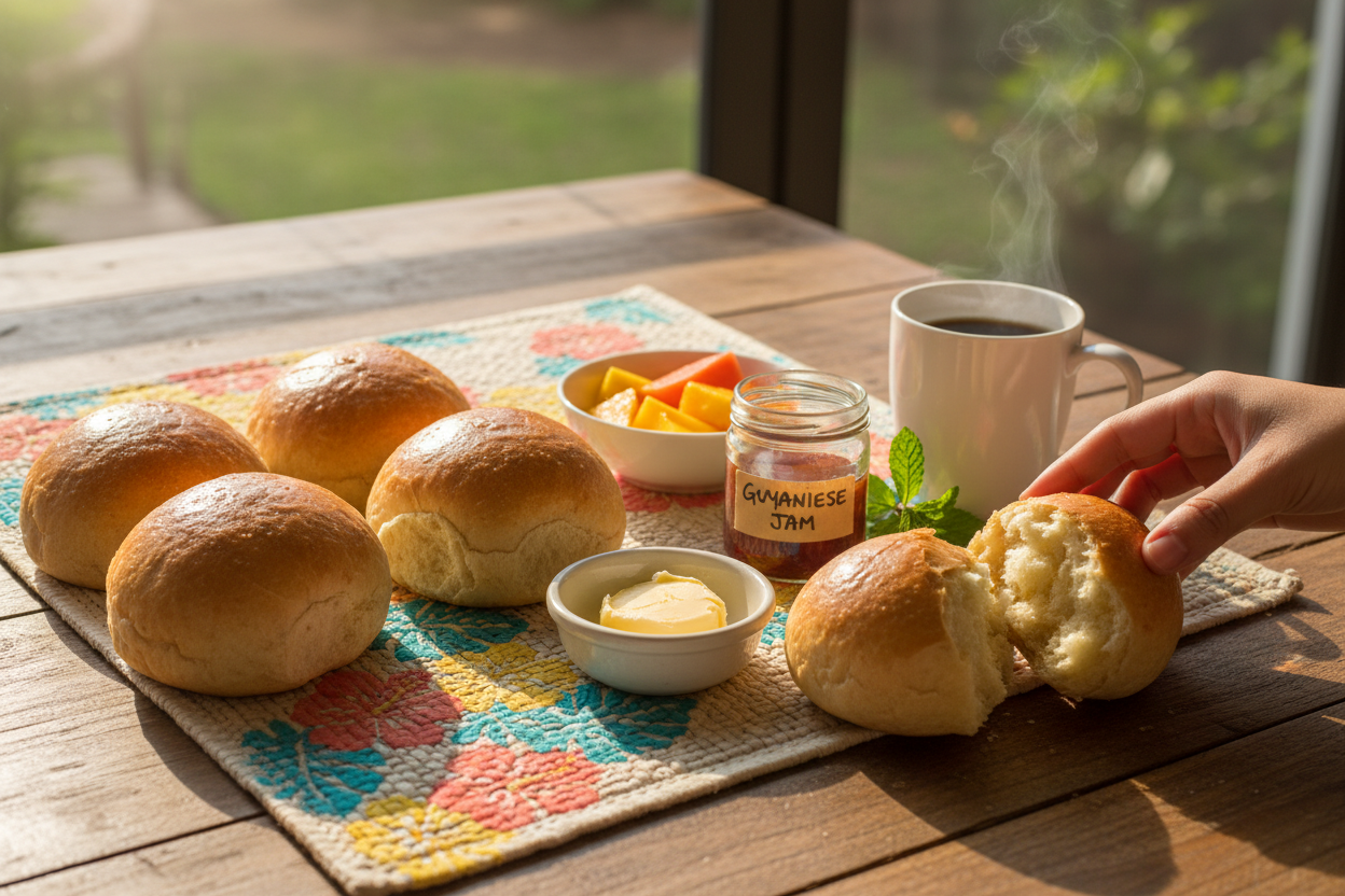 Guyanese Tennis Rolls – Soft, Sweet & Shelf-Stable (Pack of 6) on a breakfast table setting